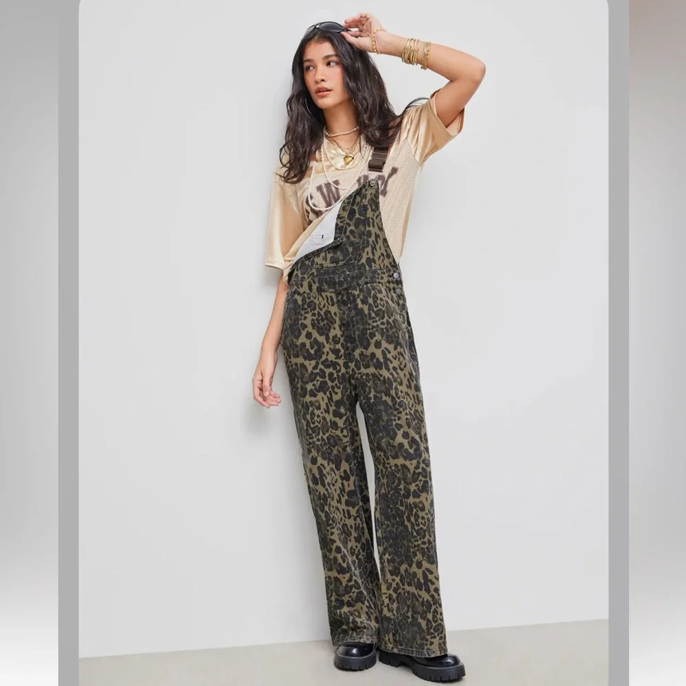 Cider DENIM LEOPARD POCKET BUCKLE UP WIDE LEG OVERSIZED JUMPSUIT XL cr23-9